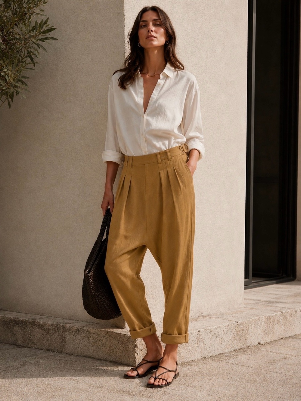 NWT Zara Woman Lyocell Pleated Drop-Crotch Trousers Camel Brown Size Small